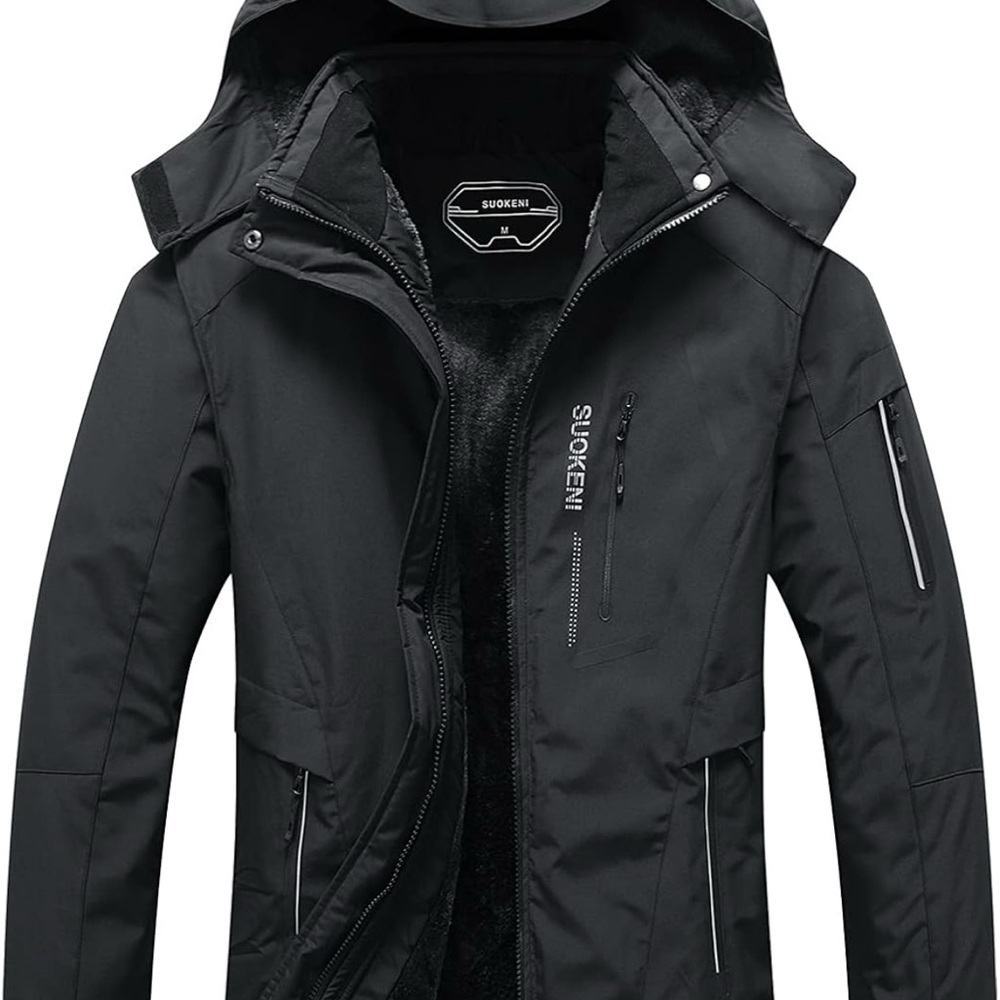 SUOKENI Black Waterproof Warm Winter Snow Coat Hooded Raincoat Ski Snowboarding